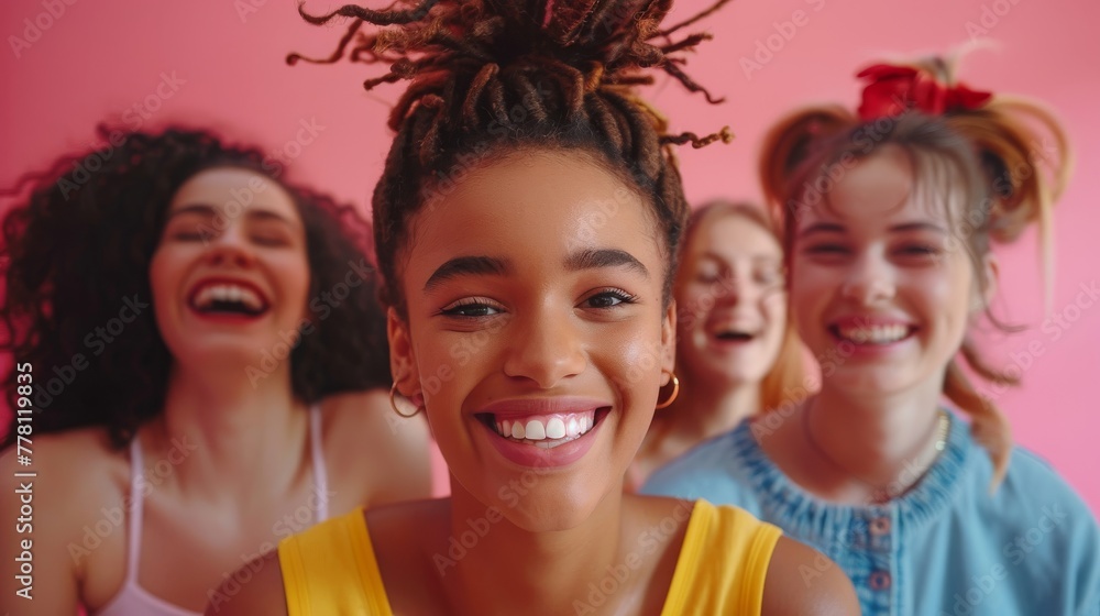 Young people from diverse backgrounds laugh and have fun against dynamic studio settings Young people from diverse backgrounds laugh and have fun against dynamic studio settings