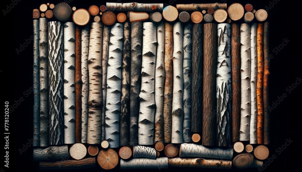 Varied Birch Logs with Intricate Patterns and Textures Varied Birch Logs with Intricate Patterns and Textures