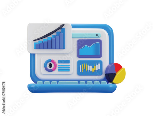 3d laptop with candles chart pie char area chart and graph icon concept of data analytics icon