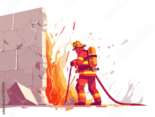 firefighter breaks through a flaming wall