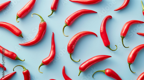 hot pepper arranged in a pattern on a light blue background, artistic and minimalistic composition