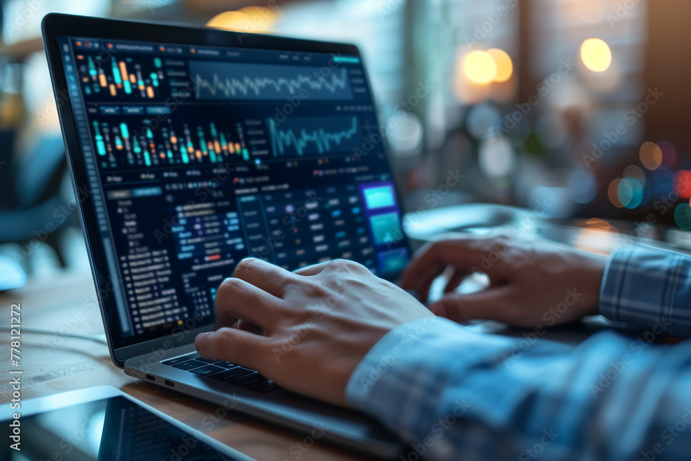Hands Typing on Laptop with Data Analytics, Focused and Professional in Dim Light Hands Typing on Laptop with Data Analytics, Focused and Professional in Dim Light