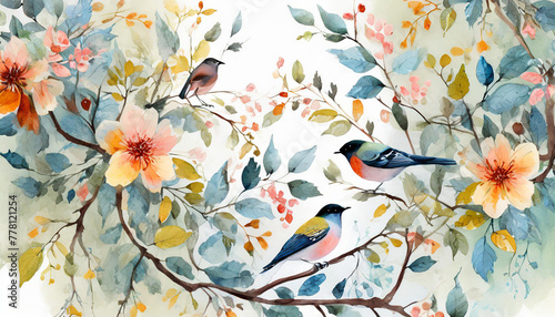 Mural with leaves and flowers. Delicate watercolor vines and flowers, birds on the branches. Watercolor fresco