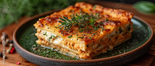 a plate topped with lasagna covered in cheese and seasoning on top of a wooden table next to a plant.