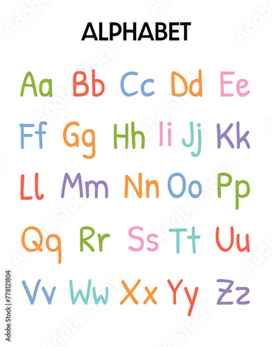 Cute Color alphabet poster. Hand drawing font for kids. Wall art alphabet poster with letter and typography for kids, playroom, nursery. For homeschooling, preschool. Learning resources.