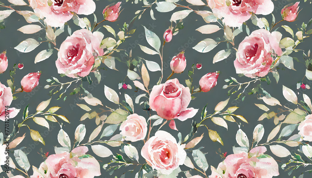 seamless floral watercolor pattern with garden pink, flowers roses, leaves, branches. Botanic tile, background.