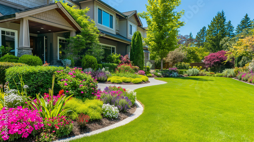 Beautifully landscaped front yard of a suburban home, manicured lawn and flower beds, showcasing a welcoming and tidy residence photo
