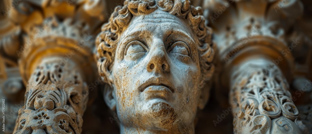 a close - up of a statue of a woman's head with her eyes closed and her hands behind her head.