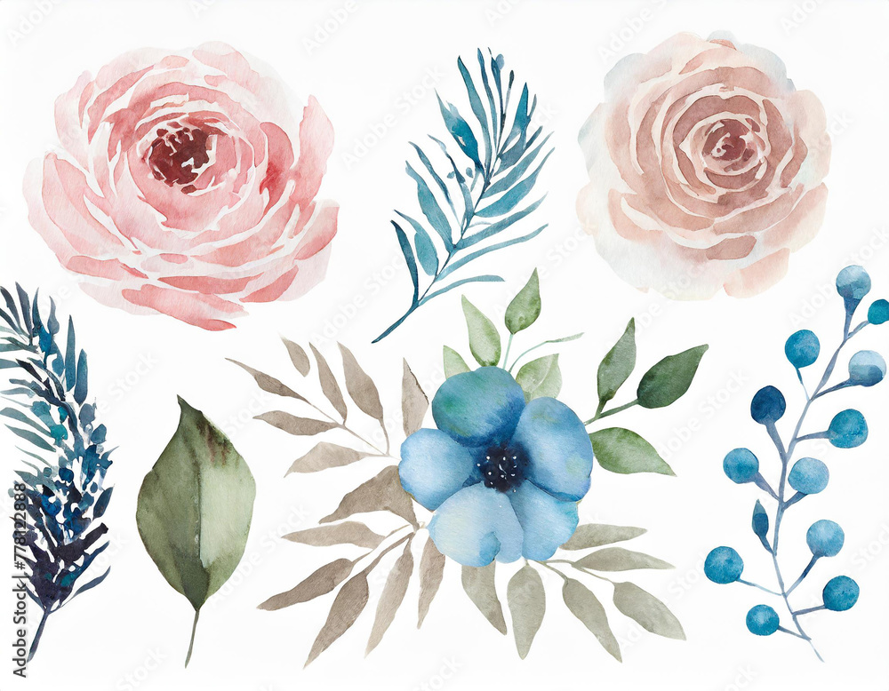Watercolour floral illustration set. DIY blush pink blue flower, green leaves individual elements collection - for bouquets, wreaths, wedding invitations, anniversary, birthday, postcards