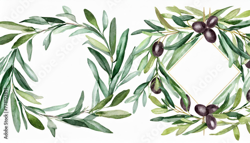 Watercolor set of frames and wreaths of olive branches. Design for invitations  cards  stickers  albums  fabric  home decoration. Holiday decor