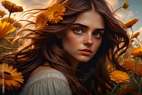 Beautiful girl with long hair, with calendula flowers in her hair.