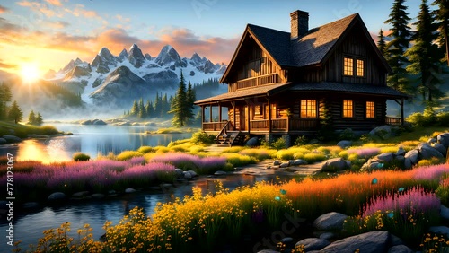 Luxury house with lake on mountains background photo