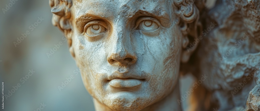 a close - up of a statue of a man's head and shoulders, with a background of rocks.