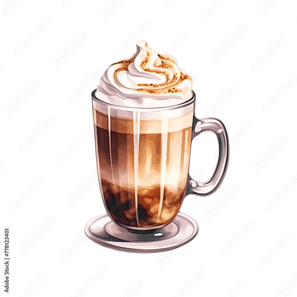 Glass of layered cappuccino with whipped cream and a caramel drizzle Glass of layered cappuccino with whipped cream and a caramel drizzle