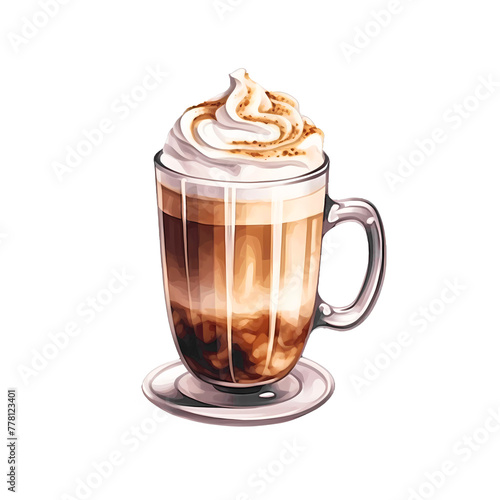 Glass of layered cappuccino with whipped cream and a caramel drizzle