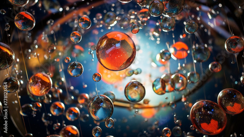 Bursting bubbles suspended mid-air, reflecting kaleidoscopic patterns.