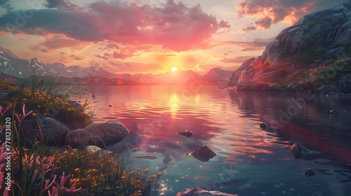 Tranquility reigns as the sun sets over the serene lake, casting a warm glow upon the rocky depths below