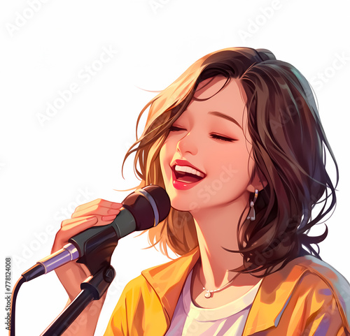 スタンドマイクで歌を歌う若い女性