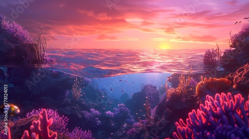 Twilight paints the horizon in hues of orange and purple, illuminating the underwater world of rocks in a stunning display of nature's artistry #778124013