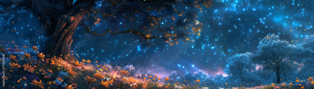 A mystical forest scene under a starlit sky with glowing flowers, an ethereal ambiance that transports viewers to a magical world.