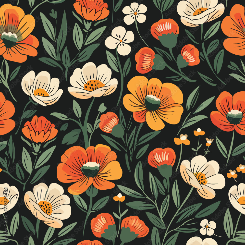 Vector Seamless Watercolor Pattern colorful Design - Texture a floral pattern with red, orange, green and yellow flowers