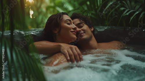 Intimate moment of a couple enjoying a serene hot tub experience surrounded by tropical greenery.