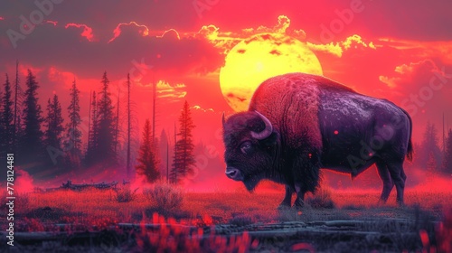 a painting of a bison standing in a field with the sun in the background and trees in the foreground.