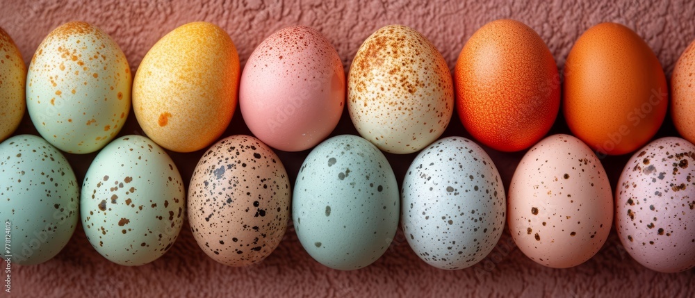 a row of eggs sitting next to each other on top of a pink surface with speckled eggs in the middle. a row of eggs sitting next to each other on top of a pink surface with speckled eggs in the middle.