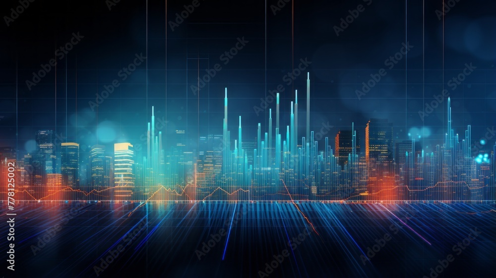 Bustling city skyline with towering buildings market trend background Bustling city skyline with towering buildings market trend background