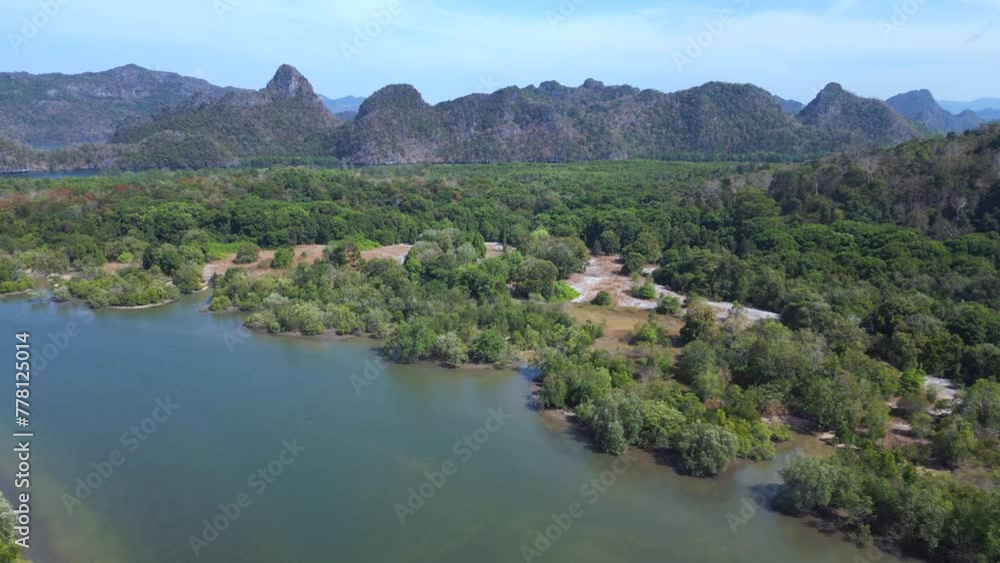 Serene river view, lush greenery langkawi Beautiful aerial top view flight drone Serene river view, lush greenery langkawi Beautiful aerial top view flight drone