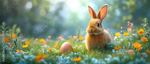 a rabbit sitting in a field of grass with an egg in the foreground and a forest in the background.