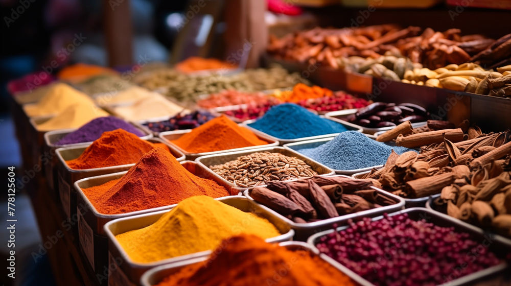 Colorful spices and dyes found at asian or african market. Exotic herbs and spices at a market stall. Canisters of natural dyes - obrazy, fototapety, plakaty 