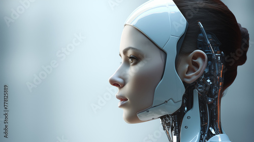 Female humanoid robot face, future artificial intelligence technology Working or helping humans in the future