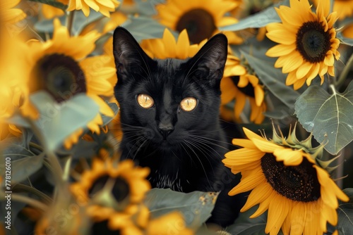 A black cat staring at the camera amid sunflowers has yellow eyes.