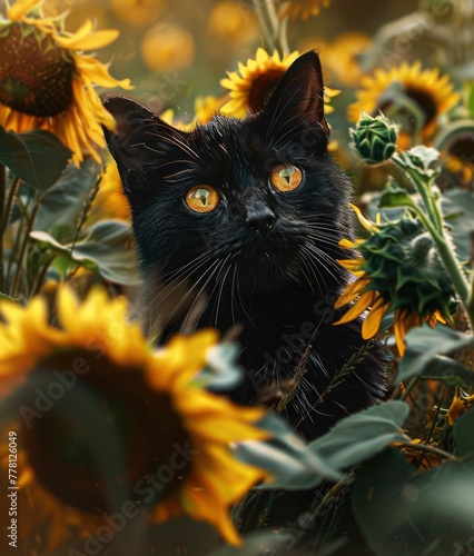 A black cat staring at the camera amid sunflowers has yellow eyes.