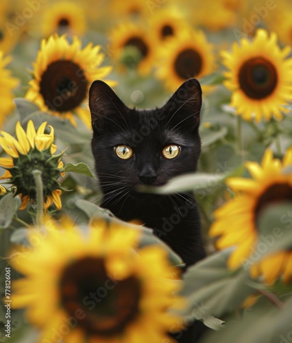 A black cat staring at the camera amid sunflowers has yellow eyes.