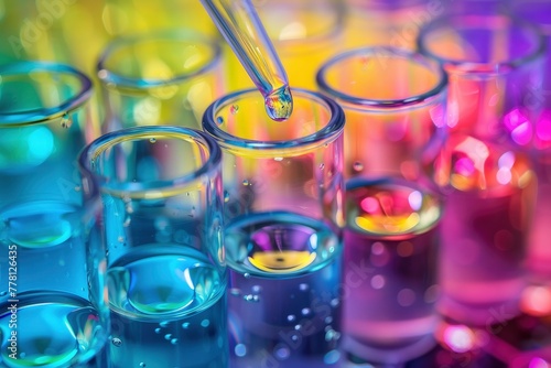 A closeup of colorful, liquid filled test tubes with a drop added to one of these tubes