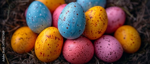 a pile of colored eggs sitting on top of a pile of straw on top of a bed of dry grass.