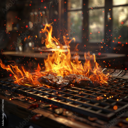 Bright orange flames engulfing a grill as a man cooks food