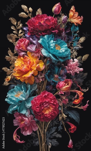 Vibrant flowers painted against a deep black background convey a sense of intrigue and beauty, capturing the essence