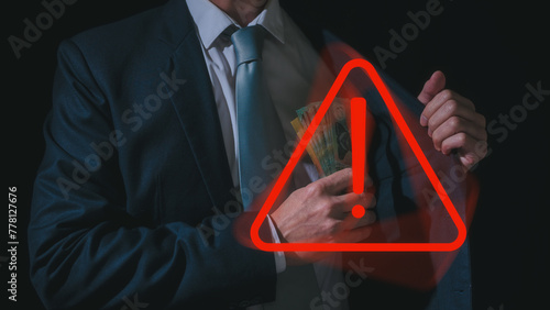 high risk high return concept, businessman holding money banknote with virtual triangle caution sign, investment risk management strategy