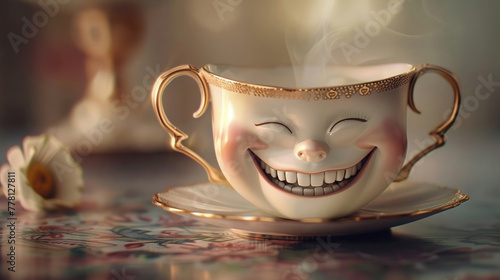 Create a whimsical exaggerated smile on a teacup photo