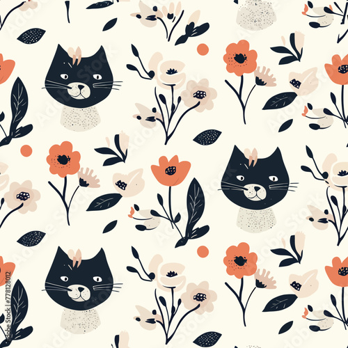 Vector Seamless Watercolor Pattern colorful Design a colorful vintage background with a cats and flowers design