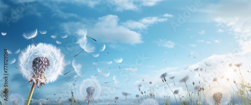 a group of dandelions flying in the air