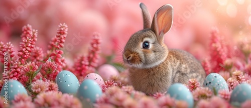 a rabbit sitting in the middle of a field of flowers with eggs in the foreground and pink flowers in the background.