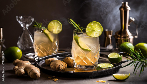 Dark and stormy cocktail with lime in glasses, ginger root, on table, nordic lounge, modern, no smoke, dark environment, low dop photo