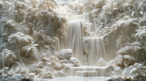 A beautiful, translucent porcelain depiction of a waterfall in a rainforest, with the water and surrounding vegetation in shades of light clay