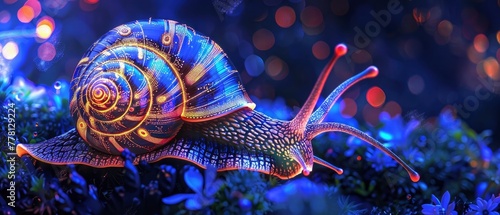 a strangely painted snail, gentle ambient lighting and neon glow