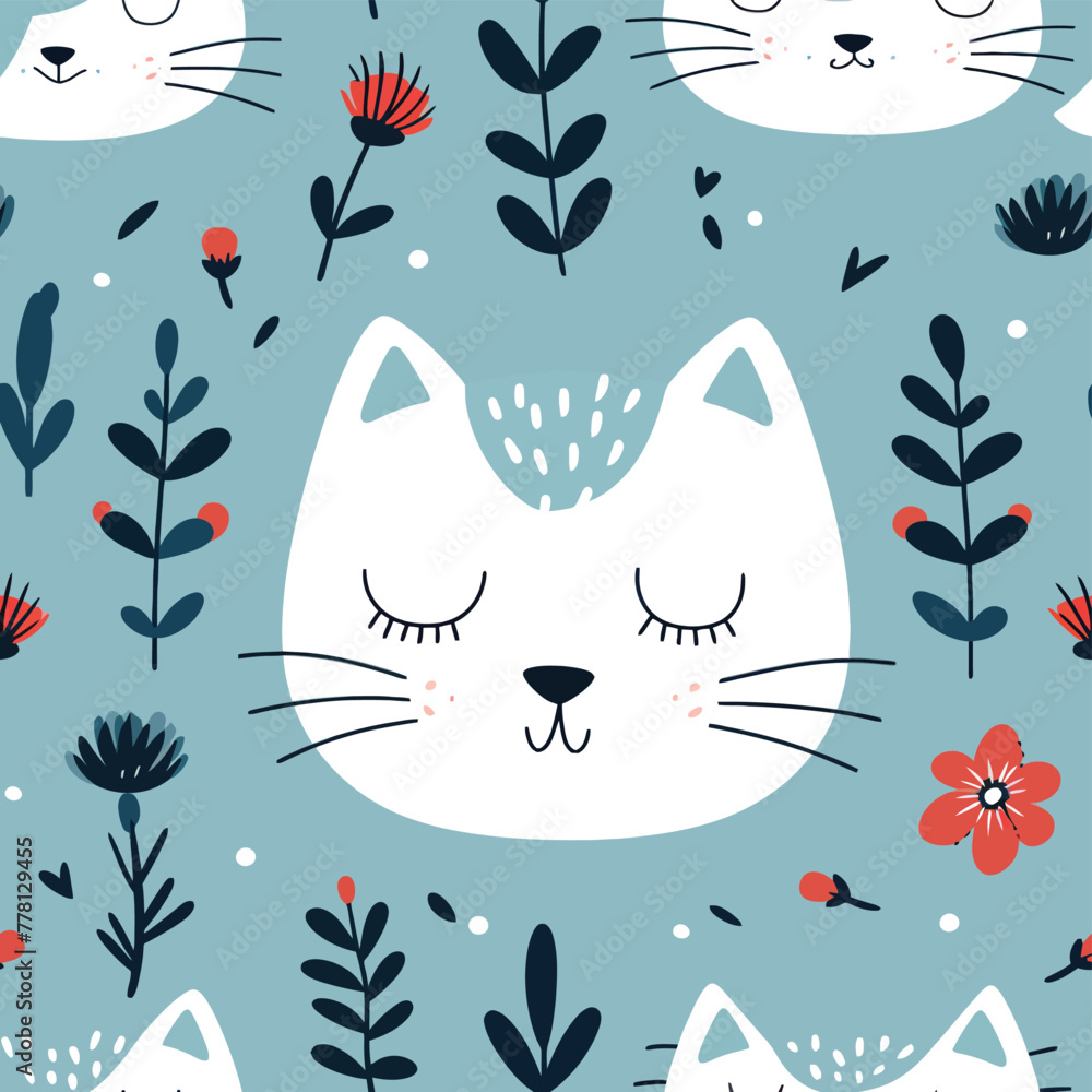 Vector Seamless Watercolor Pattern colorful Design a colorful vintage background with a cats and flowers design