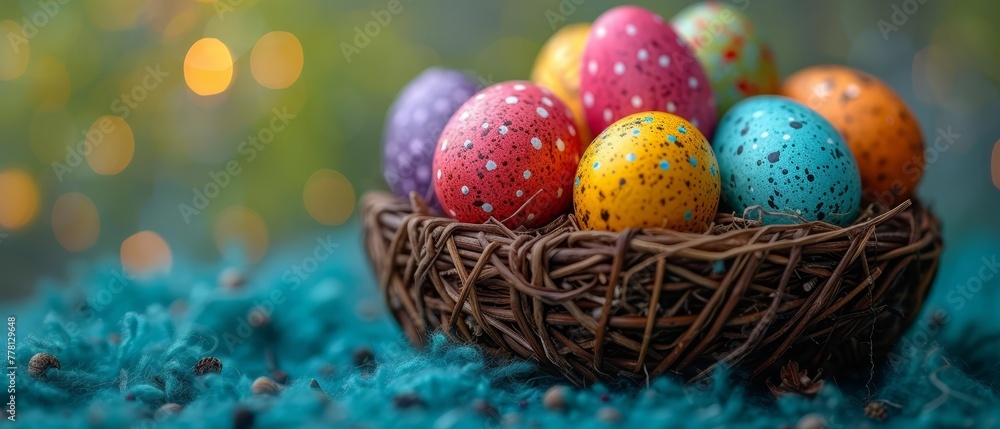 a basket filled with colorfully painted eggs on top of a blue fuzzy surface with a boke of lights in the background. a basket filled with colorfully painted eggs on top of a blue fuzzy surface with a boke of lights in the background.